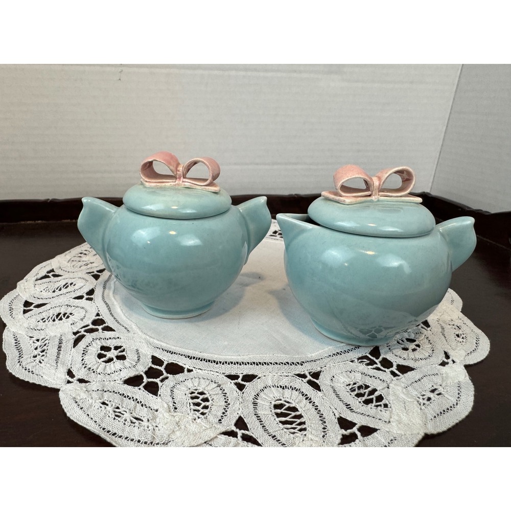 Vintage MCM Pastel Blue Ceramic Sugar and Creamer Set with Pink Bow Lids